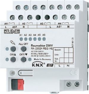Jung Raumaktor 6-fach 3000W KNX 16A pri230VAC sec30VDC LED 4TE RA23024REGHE – Bild 1
